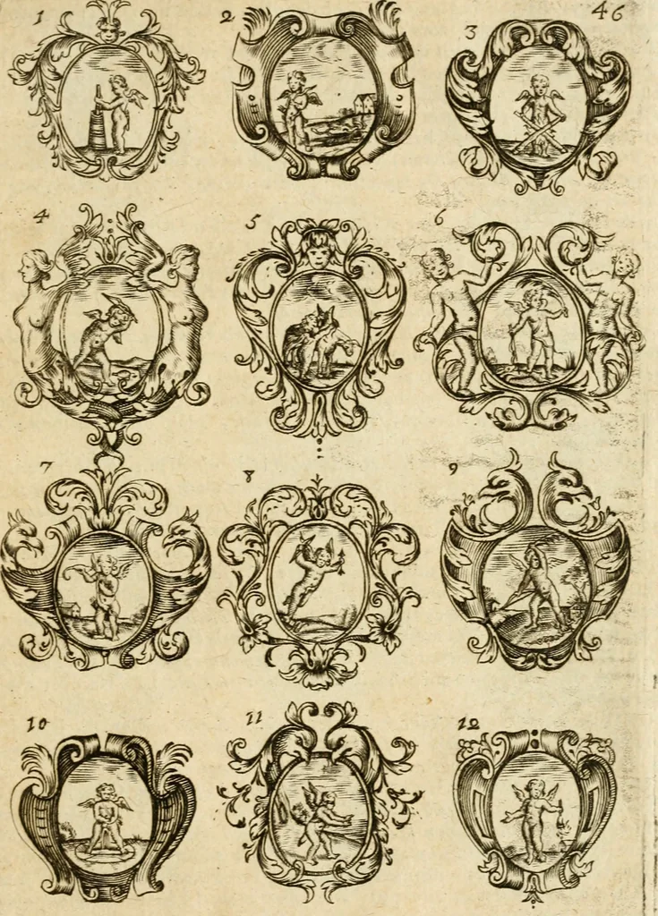 An illustration from Devises et emblemes anciennes et modernes, tirées des plus celebres auteurs : avec plusieurs autres nouvellem[en]t inventées et mises en latin, en francois, en espagnol, en italien, en anglois, en flamand et en allemand, 1712, leaf 96