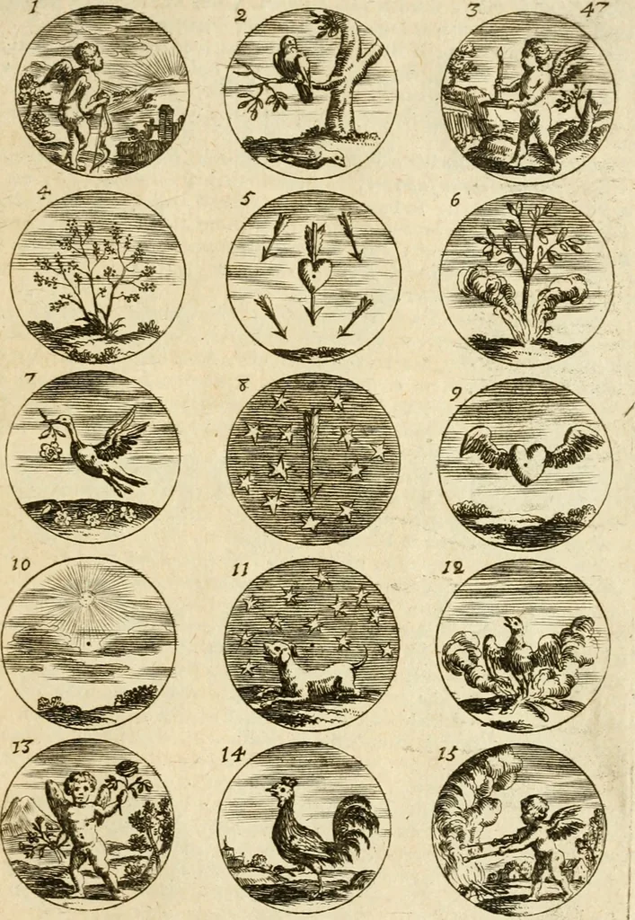 An illustration from Devises et emblemes anciennes et modernes, tirées des plus celebres auteurs : avec plusieurs autres nouvellem[en]t inventées et mises en latin, en francois, en espagnol, en italien, en anglois, en flamand et en allemand, 1712, leaf 98