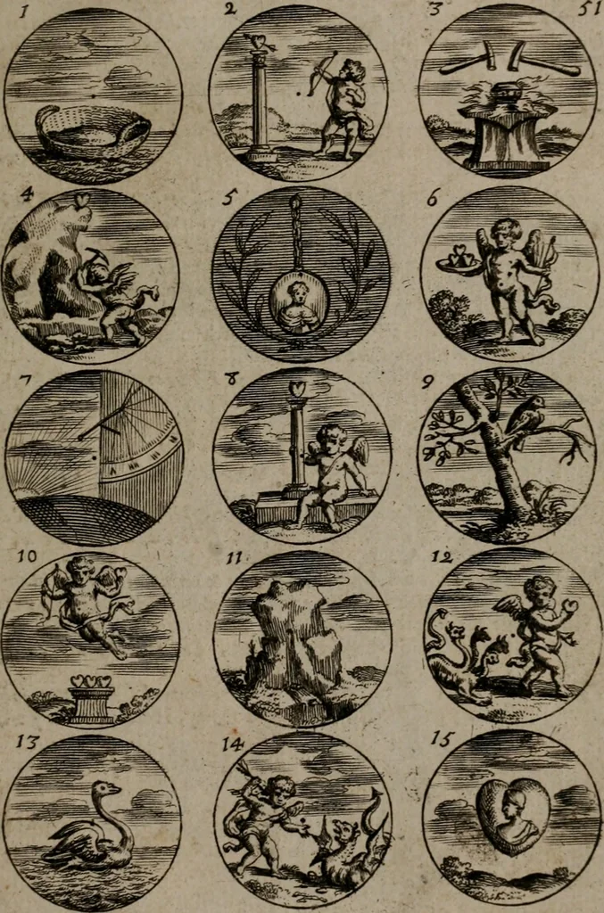 An illustration from Devises et emblemes, anciennes et modernes : tirées des plus celebres auteurs, avec plusieurs autres nouvellemt, inventées et mises, en latin, en françois, en espagnol, en italien, en anglois, en flamand et en allemand, 1693, leaf 106