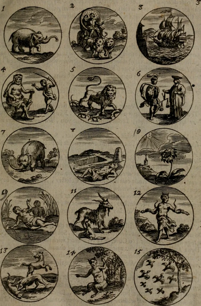 An illustration from Devises et emblemes, anciennes et modernes : tirées des plus celebres auteurs, avec plusieurs autres nouvellemt, inventées et mises, en latin, en françois, en espagnol, en italien, en anglois, en flamand et en allemand, 1693, leaf 12