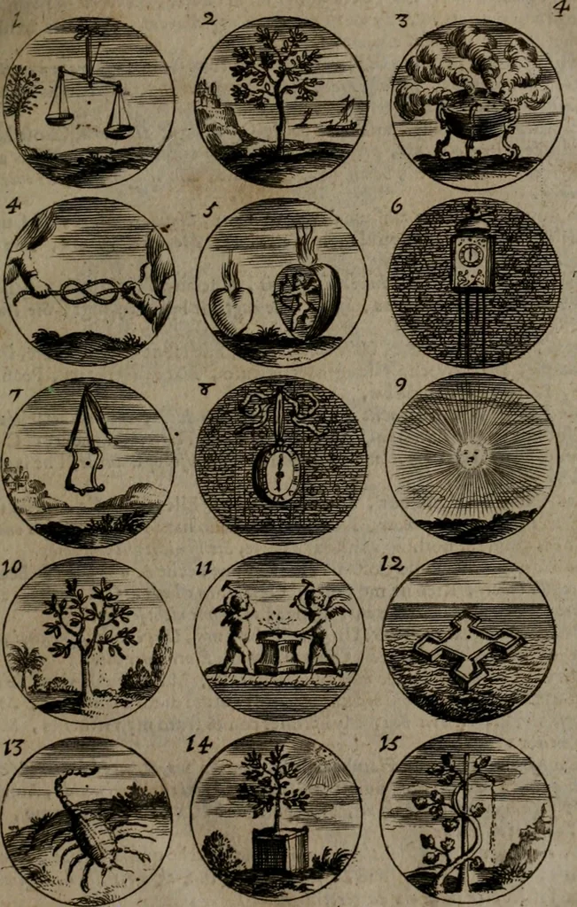 An illustration from Devises et emblemes, anciennes et modernes : tirées des plus celebres auteurs, avec plusieurs autres nouvellemt, inventées et mises, en latin, en françois, en espagnol, en italien, en anglois, en flamand et en allemand, 1693, leaf 14