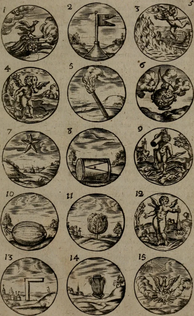 An illustration from Devises et emblemes, anciennes et modernes : tirées des plus celebres auteurs, avec plusieurs autres nouvellemt, inventées et mises, en latin, en françois, en espagnol, en italien, en anglois, en flamand et en allemand, 1693, leaf 16
