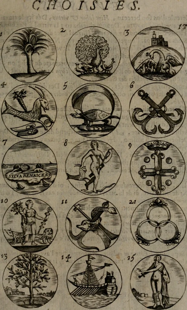 An illustration from Devises et emblemes, anciennes et modernes : tirées des plus celebres auteurs, avec plusieurs autres nouvellemt, inventées et mises, en latin, en françois, en espagnol, en italien, en anglois, en flamand et en allemand, 1693, leaf 32
