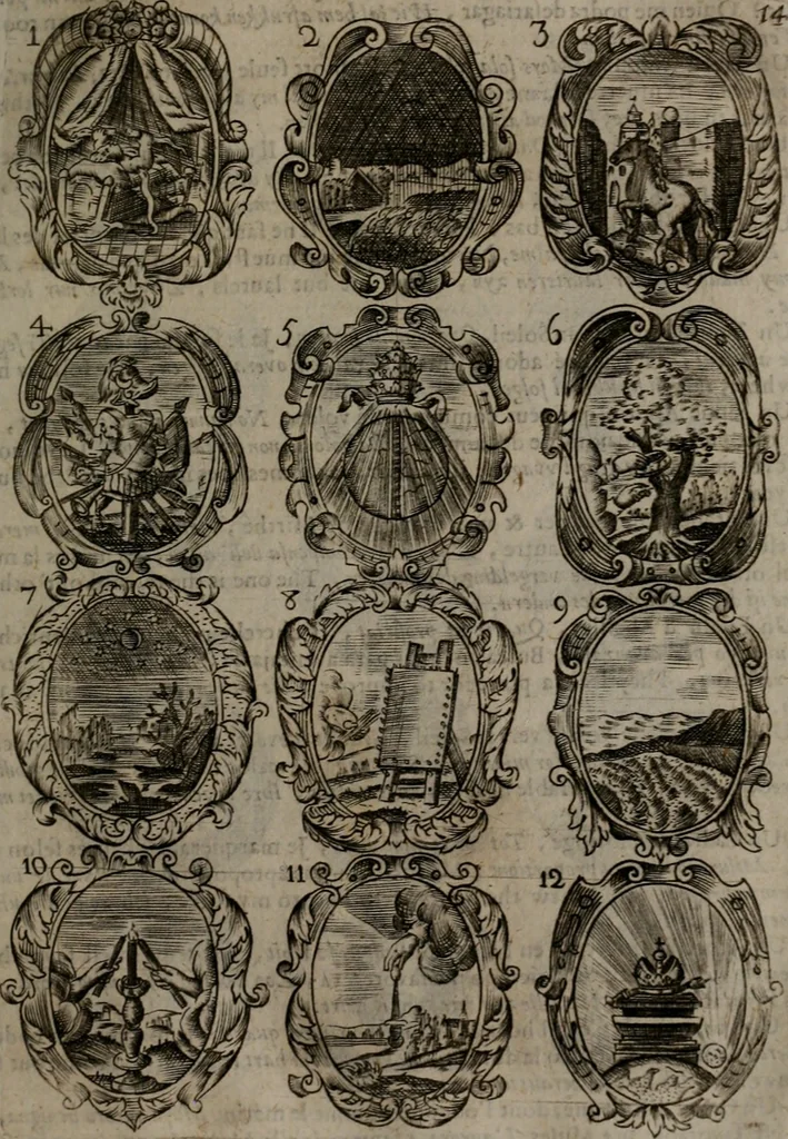 An illustration from Devises et emblemes, anciennes et modernes : tirées des plus celebres auteurs, avec plusieurs autres nouvellemt, inventées et mises, en latin, en françois, en espagnol, en italien, en anglois, en flamand et en allemand, 1693, leaf 34