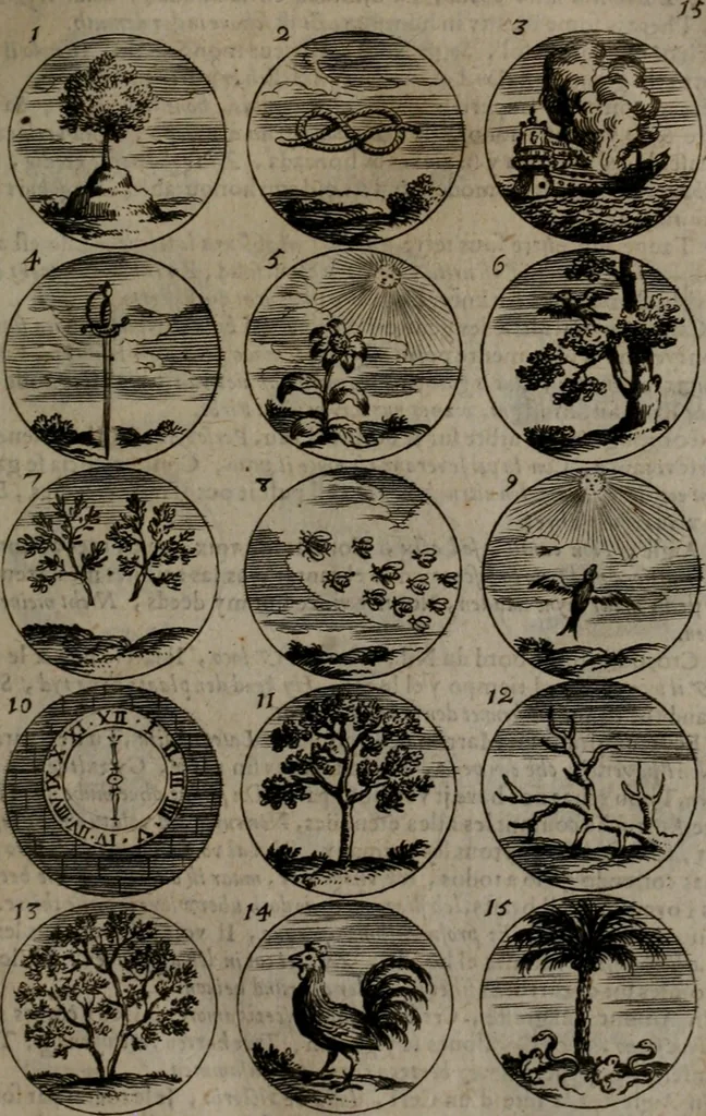 An illustration from Devises et emblemes, anciennes et modernes : tirées des plus celebres auteurs, avec plusieurs autres nouvellemt, inventées et mises, en latin, en françois, en espagnol, en italien, en anglois, en flamand et en allemand, 1693, leaf 36