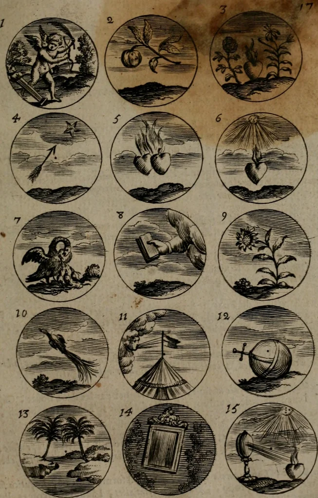 An illustration from Devises et emblemes, anciennes et modernes : tirées des plus celebres auteurs, avec plusieurs autres nouvellemt, inventées et mises, en latin, en françois, en espagnol, en italien, en anglois, en flamand et en allemand, 1693, leaf 40