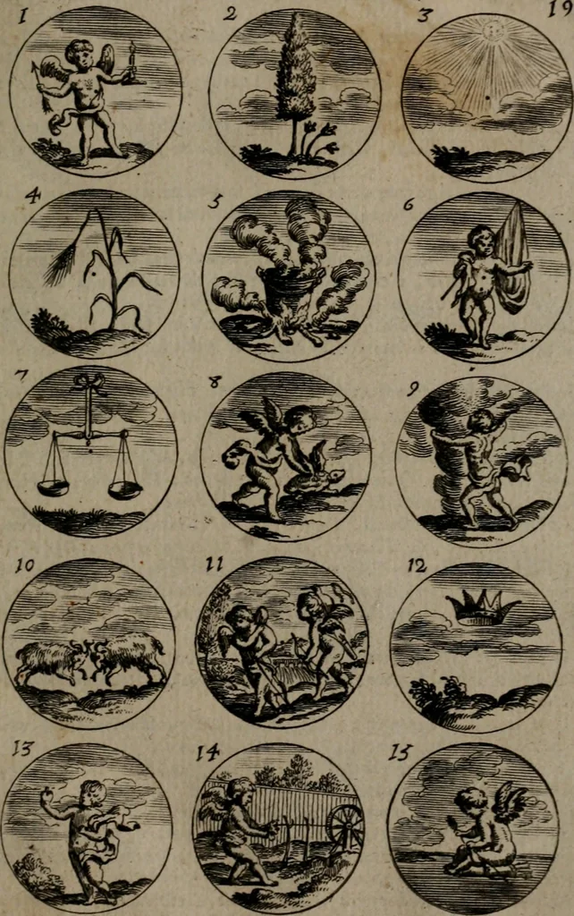 An illustration from Devises et emblemes, anciennes et modernes : tirées des plus celebres auteurs, avec plusieurs autres nouvellemt, inventées et mises, en latin, en françois, en espagnol, en italien, en anglois, en flamand et en allemand, 1693, leaf 44