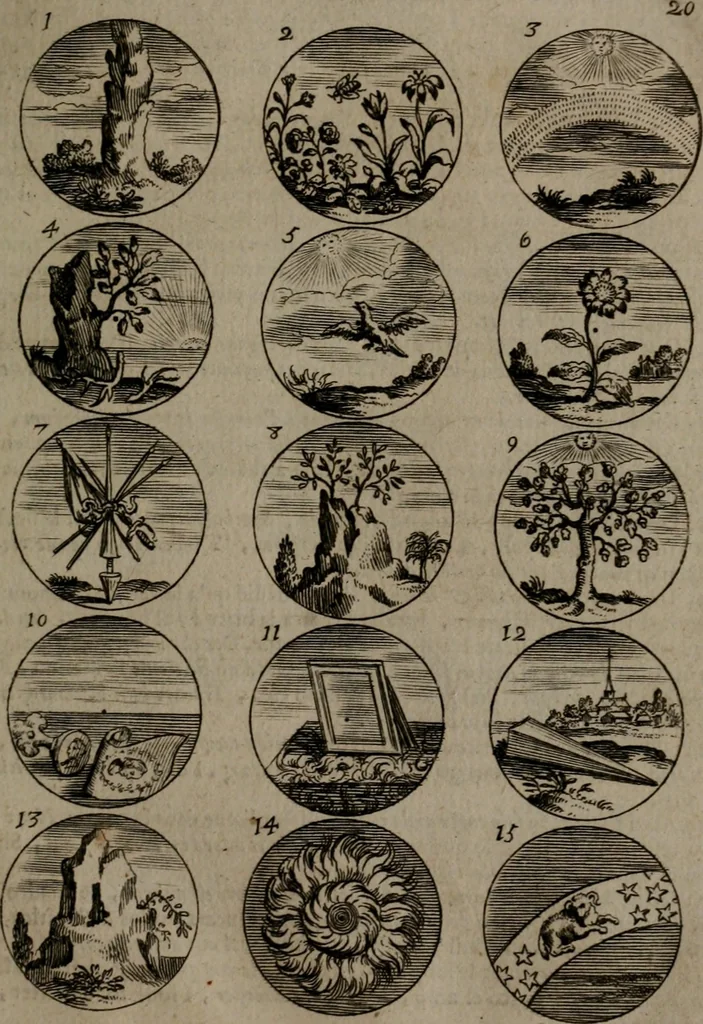 An illustration from Devises et emblemes, anciennes et modernes : tirées des plus celebres auteurs, avec plusieurs autres nouvellemt, inventées et mises, en latin, en françois, en espagnol, en italien, en anglois, en flamand et en allemand, 1693, leaf 46