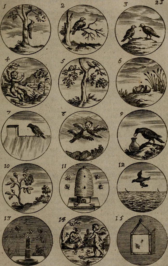 An illustration from Devises et emblemes, anciennes et modernes : tirées des plus celebres auteurs, avec plusieurs autres nouvellemt, inventées et mises, en latin, en françois, en espagnol, en italien, en anglois, en flamand et en allemand, 1693, leaf 52