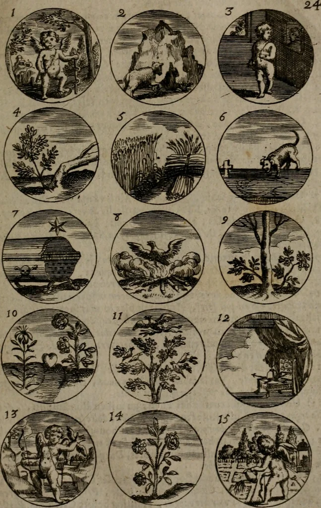 An illustration from Devises et emblemes, anciennes et modernes : tirées des plus celebres auteurs, avec plusieurs autres nouvellemt, inventées et mises, en latin, en françois, en espagnol, en italien, en anglois, en flamand et en allemand, 1693, leaf 54