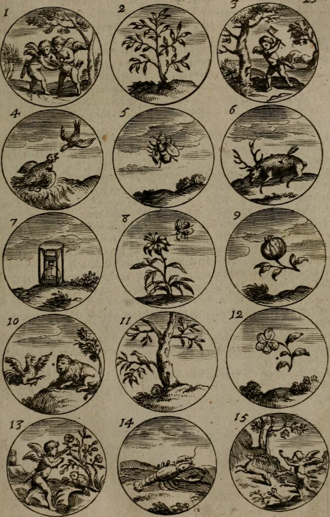 An illustration from Devises et emblemes, anciennes et modernes : tirées des plus celebres auteurs, avec plusieurs autres nouvellemt, inventées et mises, en latin, en françois, en espagnol, en italien, en anglois, en flamand et en allemand, 1693, leaf 56