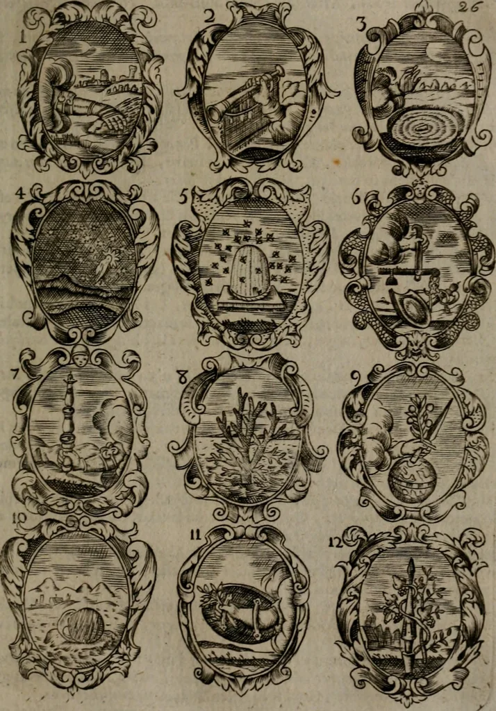An illustration from Devises et emblemes, anciennes et modernes : tirées des plus celebres auteurs, avec plusieurs autres nouvellemt, inventées et mises, en latin, en françois, en espagnol, en italien, en anglois, en flamand et en allemand, 1693, leaf 58