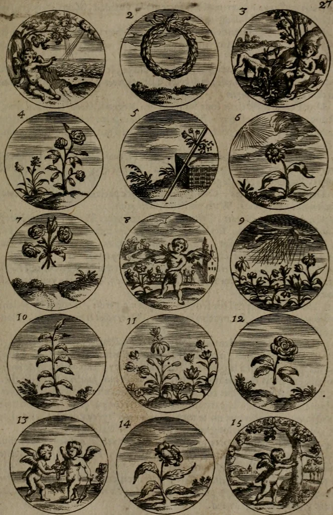 An illustration from Devises et emblemes, anciennes et modernes : tirées des plus celebres auteurs, avec plusieurs autres nouvellemt, inventées et mises, en latin, en françois, en espagnol, en italien, en anglois, en flamand et en allemand, 1693, leaf 60