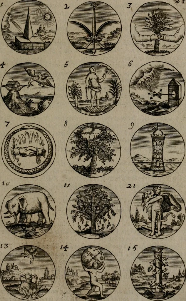 An illustration from Devises et emblemes, anciennes et modernes : tirées des plus celebres auteurs, avec plusieurs autres nouvellemt, inventées et mises, en latin, en françois, en espagnol, en italien, en anglois, en flamand et en allemand, 1693, leaf 62
