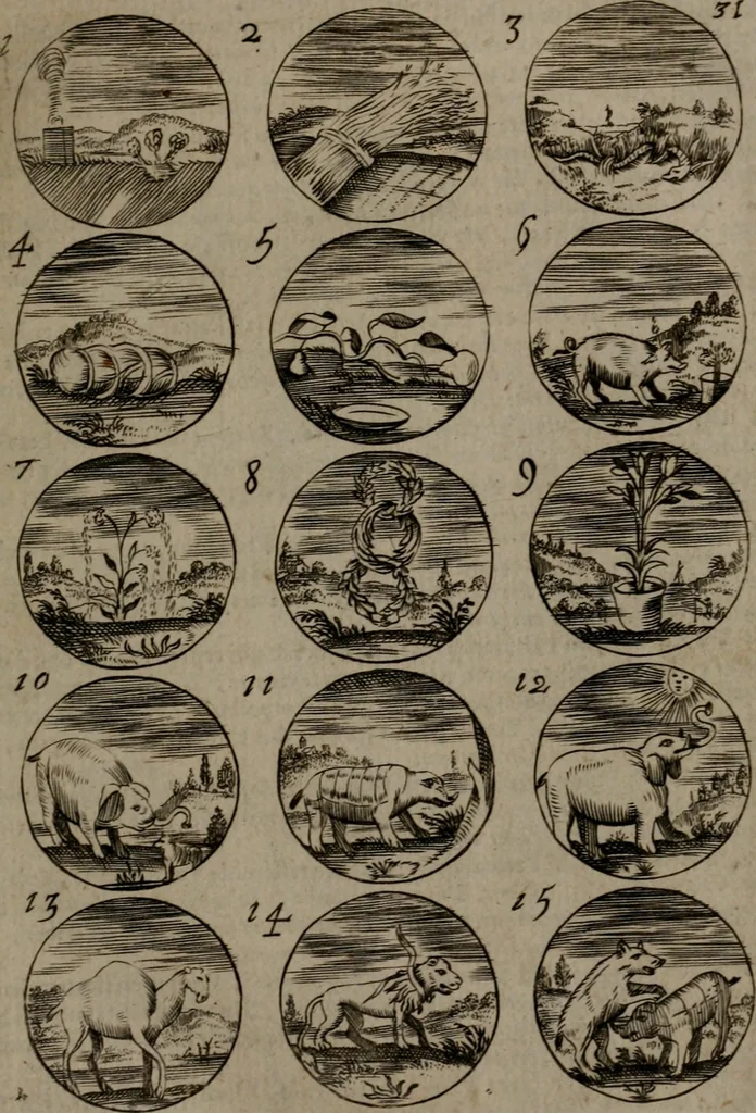 An illustration from Devises et emblemes, anciennes et modernes : tirées des plus celebres auteurs, avec plusieurs autres nouvellemt, inventées et mises, en latin, en françois, en espagnol, en italien, en anglois, en flamand et en allemand, 1693, leaf 68