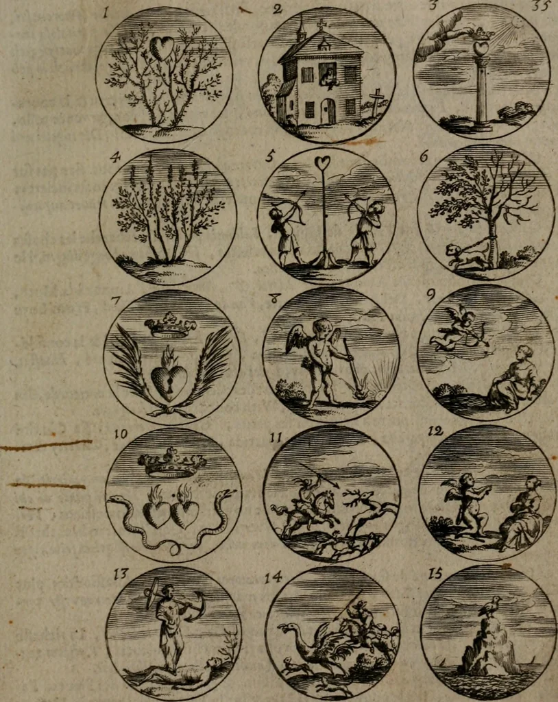 An illustration from Devises et emblemes, anciennes et modernes : tirées des plus celebres auteurs, avec plusieurs autres nouvellemt, inventées et mises, en latin, en françois, en espagnol, en italien, en anglois, en flamand et en allemand, 1693, leaf 76