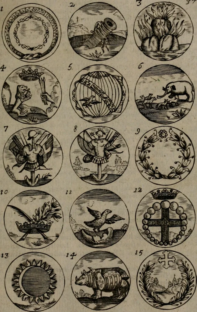 An illustration from Devises et emblemes, anciennes et modernes : tirées des plus celebres auteurs, avec plusieurs autres nouvellemt, inventées et mises, en latin, en françois, en espagnol, en italien, en anglois, en flamand et en allemand, 1693, leaf 80