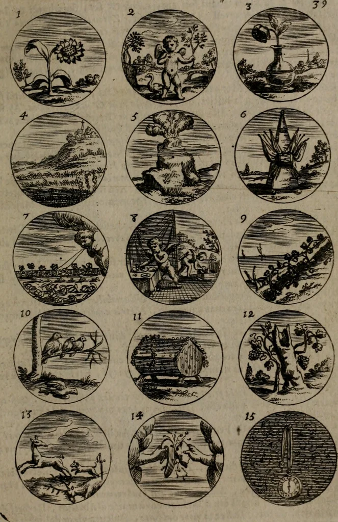 An illustration from Devises et emblemes, anciennes et modernes : tirées des plus celebres auteurs, avec plusieurs autres nouvellemt, inventées et mises, en latin, en françois, en espagnol, en italien, en anglois, en flamand et en allemand, 1693, leaf 84