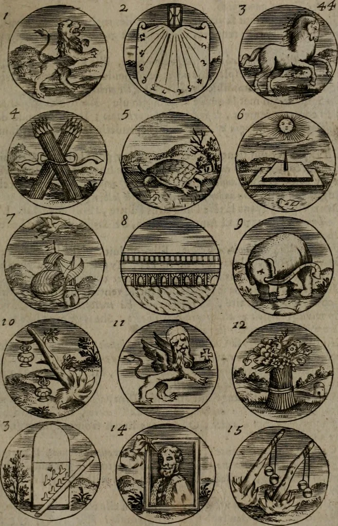 An illustration from Devises et emblemes, anciennes et modernes : tirées des plus celebres auteurs, avec plusieurs autres nouvellemt, inventées et mises, en latin, en françois, en espagnol, en italien, en anglois, en flamand et en allemand, 1693, leaf 94
