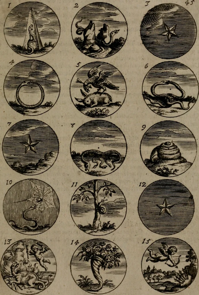 An illustration from Devises et emblemes, anciennes et modernes : tirées des plus celebres auteurs, avec plusieurs autres nouvellemt, inventées et mises, en latin, en françois, en espagnol, en italien, en anglois, en flamand et en allemand, 1693, leaf 96