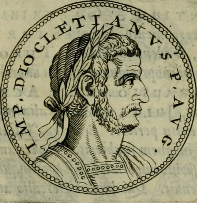 An illustration from De vita et moribus imperatorum Romanorum: excerpta ex libris Sexti Aurelii Victoris, à Caesare Augusto usque ad Theodosium imperatorem. Andreas Schottus compositis tribus M.SS. cum Vett. vulgatis emendabat; scholiis & veris iconibus ex antiquis numismatis delineatis illustrabat. Quibus accesserunt & Eliae Vineti notae, 1669, leaf 100