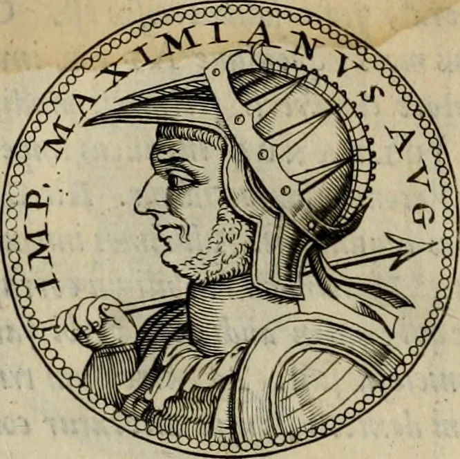 An illustration from De vita et moribus imperatorum Romanorum: excerpta ex libris Sexti Aurelii Victoris, à Caesare Augusto usque ad Theodosium imperatorem. Andreas Schottus compositis tribus M.SS. cum Vett. vulgatis emendabat; scholiis & veris iconibus ex antiquis numismatis delineatis illustrabat. Quibus accesserunt & Eliae Vineti notae, 1669, leaf 101