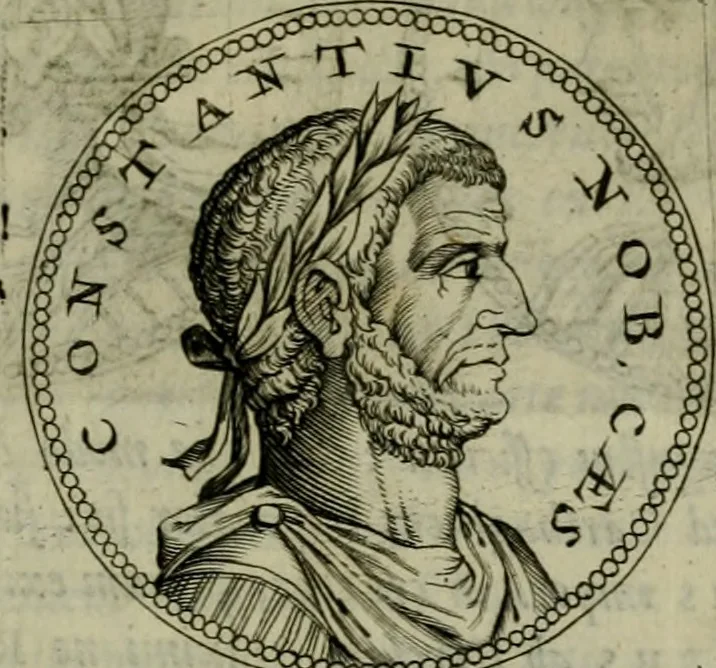 An illustration from De vita et moribus imperatorum Romanorum: excerpta ex libris Sexti Aurelii Victoris, à Caesare Augusto usque ad Theodosium imperatorem. Andreas Schottus compositis tribus M.SS. cum Vett. vulgatis emendabat; scholiis & veris iconibus ex antiquis numismatis delineatis illustrabat. Quibus accesserunt & Eliae Vineti notae, 1669, leaf 102