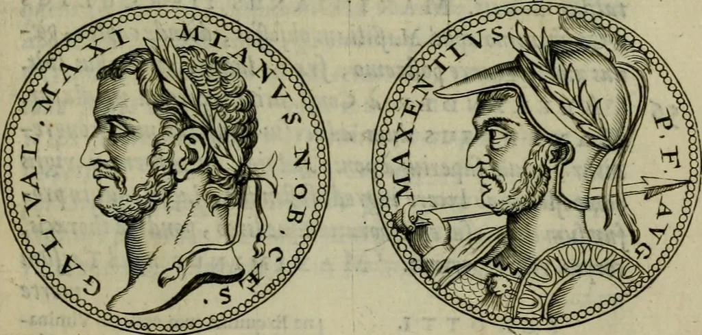 An illustration from De vita et moribus imperatorum Romanorum: excerpta ex libris Sexti Aurelii Victoris, à Caesare Augusto usque ad Theodosium imperatorem. Andreas Schottus compositis tribus M.SS. cum Vett. vulgatis emendabat; scholiis & veris iconibus ex antiquis numismatis delineatis illustrabat. Quibus accesserunt & Eliae Vineti notae, 1669, leaf 102