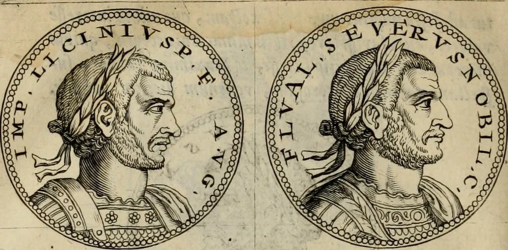 An illustration from De vita et moribus imperatorum Romanorum: excerpta ex libris Sexti Aurelii Victoris, à Caesare Augusto usque ad Theodosium imperatorem. Andreas Schottus compositis tribus M.SS. cum Vett. vulgatis emendabat; scholiis & veris iconibus ex antiquis numismatis delineatis illustrabat. Quibus accesserunt & Eliae Vineti notae, 1669, leaf 103