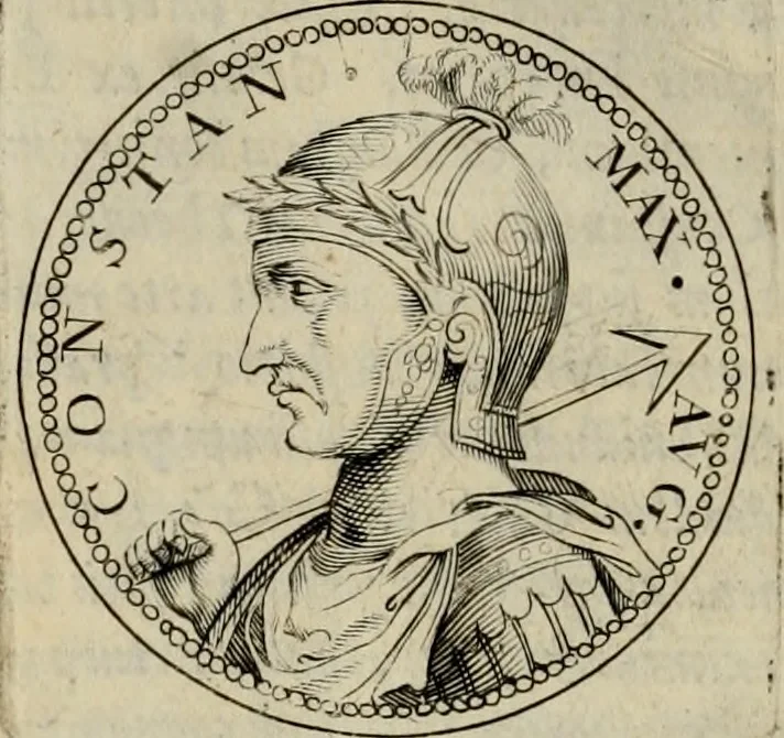 An illustration from De vita et moribus imperatorum Romanorum: excerpta ex libris Sexti Aurelii Victoris, à Caesare Augusto usque ad Theodosium imperatorem. Andreas Schottus compositis tribus M.SS. cum Vett. vulgatis emendabat; scholiis & veris iconibus ex antiquis numismatis delineatis illustrabat. Quibus accesserunt & Eliae Vineti notae, 1669, leaf 105