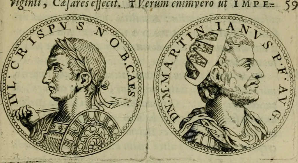 An illustration from De vita et moribus imperatorum Romanorum: excerpta ex libris Sexti Aurelii Victoris, à Caesare Augusto usque ad Theodosium imperatorem. Andreas Schottus compositis tribus M.SS. cum Vett. vulgatis emendabat; scholiis & veris iconibus ex antiquis numismatis delineatis illustrabat. Quibus accesserunt & Eliae Vineti notae, 1669, leaf 106