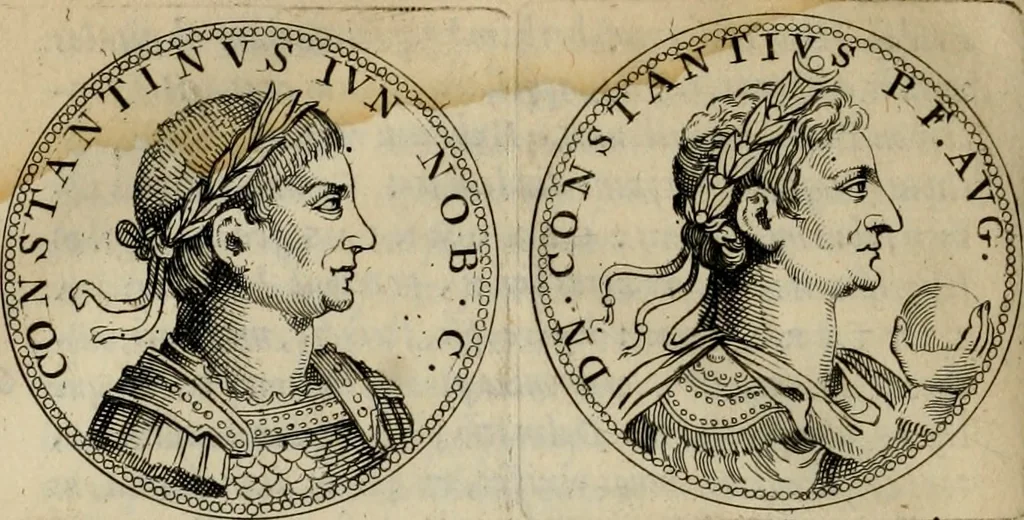 An illustration from De vita et moribus imperatorum Romanorum: excerpta ex libris Sexti Aurelii Victoris, à Caesare Augusto usque ad Theodosium imperatorem. Andreas Schottus compositis tribus M.SS. cum Vett. vulgatis emendabat; scholiis & veris iconibus ex antiquis numismatis delineatis illustrabat. Quibus accesserunt & Eliae Vineti notae, 1669, leaf 109