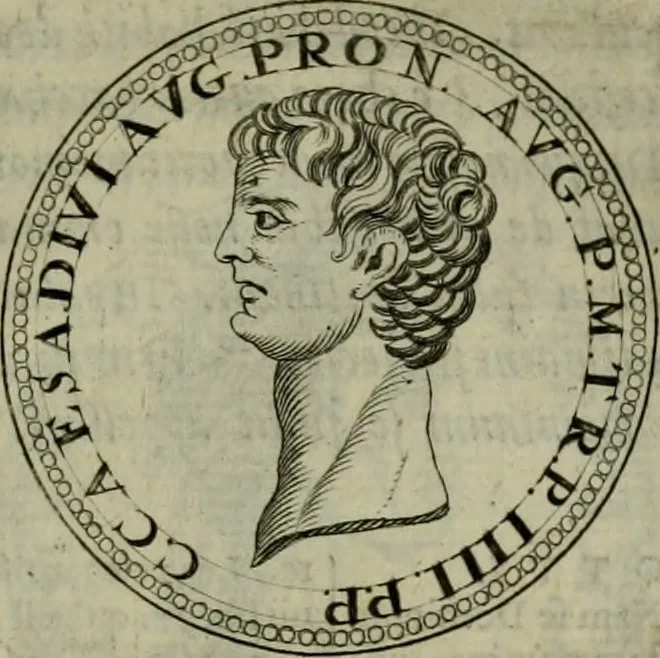 An illustration from De vita et moribus imperatorum Romanorum: excerpta ex libris Sexti Aurelii Victoris, à Caesare Augusto usque ad Theodosium imperatorem. Andreas Schottus compositis tribus M.SS. cum Vett. vulgatis emendabat; scholiis & veris iconibus ex antiquis numismatis delineatis illustrabat. Quibus accesserunt & Eliae Vineti notae, 1669, leaf 38