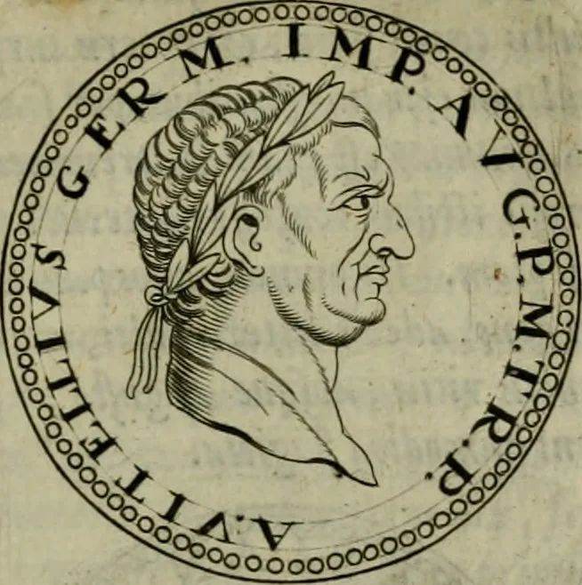 An illustration from De vita et moribus imperatorum Romanorum: excerpta ex libris Sexti Aurelii Victoris, à Caesare Augusto usque ad Theodosium imperatorem. Andreas Schottus compositis tribus M.SS. cum Vett. vulgatis emendabat; scholiis & veris iconibus ex antiquis numismatis delineatis illustrabat. Quibus accesserunt & Eliae Vineti notae, 1669, leaf 50