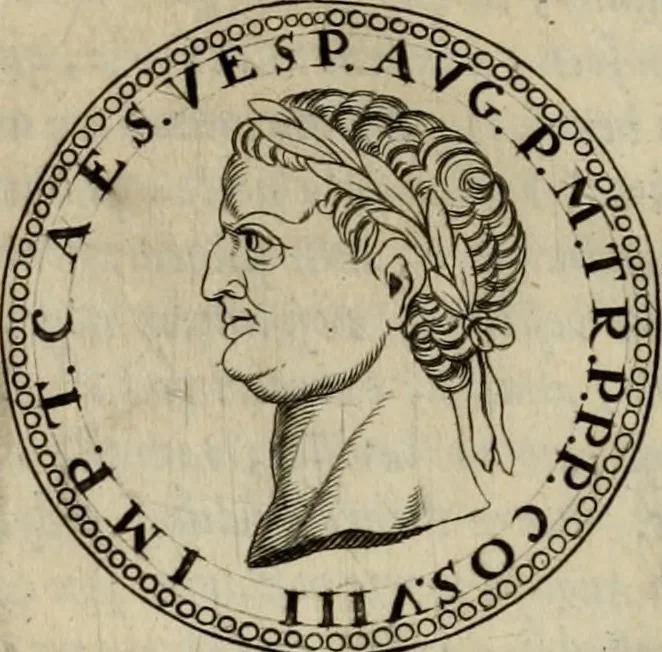 An illustration from De vita et moribus imperatorum Romanorum: excerpta ex libris Sexti Aurelii Victoris, à Caesare Augusto usque ad Theodosium imperatorem. Andreas Schottus compositis tribus M.SS. cum Vett. vulgatis emendabat; scholiis & veris iconibus ex antiquis numismatis delineatis illustrabat. Quibus accesserunt & Eliae Vineti notae, 1669, leaf 55