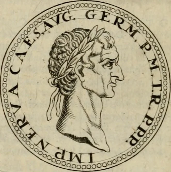 An illustration from De vita et moribus imperatorum Romanorum: excerpta ex libris Sexti Aurelii Victoris, à Caesare Augusto usque ad Theodosium imperatorem. Andreas Schottus compositis tribus M.SS. cum Vett. vulgatis emendabat; scholiis & veris iconibus ex antiquis numismatis delineatis illustrabat. Quibus accesserunt & Eliae Vineti notae, 1669, leaf 61