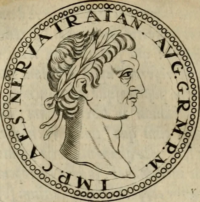 An illustration from De vita et moribus imperatorum Romanorum: excerpta ex libris Sexti Aurelii Victoris, à Caesare Augusto usque ad Theodosium imperatorem. Andreas Schottus compositis tribus M.SS. cum Vett. vulgatis emendabat; scholiis & veris iconibus ex antiquis numismatis delineatis illustrabat. Quibus accesserunt & Eliae Vineti notae, 1669, leaf 65