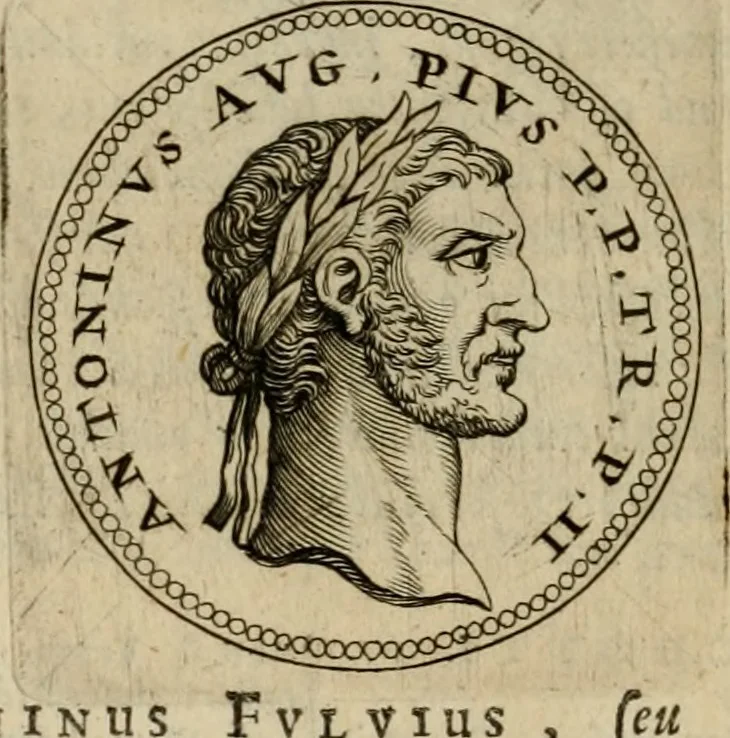 An illustration from De vita et moribus imperatorum Romanorum: excerpta ex libris Sexti Aurelii Victoris, à Caesare Augusto usque ad Theodosium imperatorem. Andreas Schottus compositis tribus M.SS. cum Vett. vulgatis emendabat; scholiis & veris iconibus ex antiquis numismatis delineatis illustrabat. Quibus accesserunt & Eliae Vineti notae, 1669, leaf 69