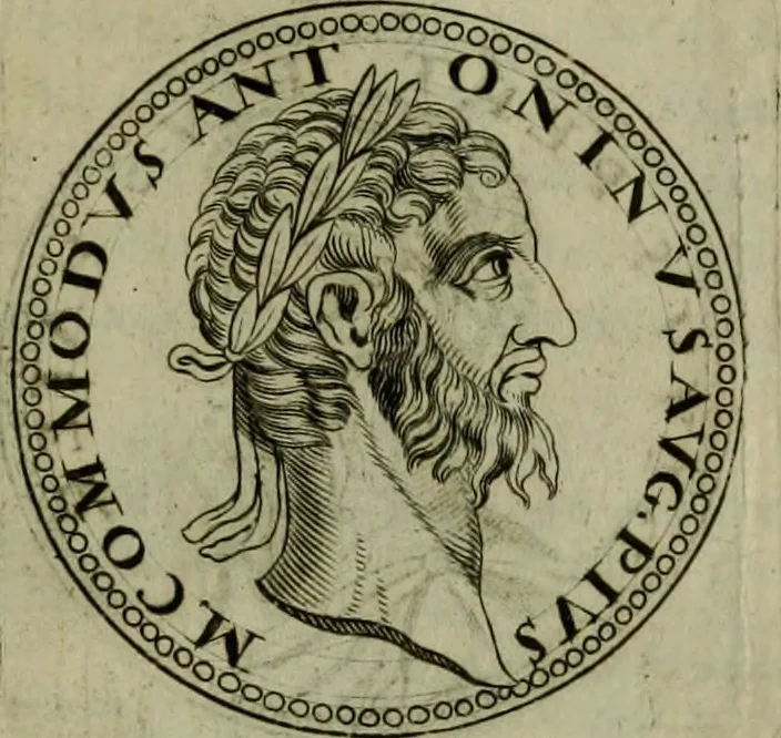 An illustration from De vita et moribus imperatorum Romanorum: excerpta ex libris Sexti Aurelii Victoris, à Caesare Augusto usque ad Theodosium imperatorem. Andreas Schottus compositis tribus M.SS. cum Vett. vulgatis emendabat; scholiis & veris iconibus ex antiquis numismatis delineatis illustrabat. Quibus accesserunt & Eliae Vineti notae, 1669, leaf 74