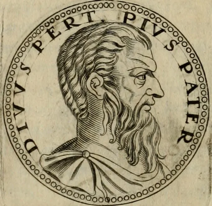 An illustration from De vita et moribus imperatorum Romanorum: excerpta ex libris Sexti Aurelii Victoris, à Caesare Augusto usque ad Theodosium imperatorem. Andreas Schottus compositis tribus M.SS. cum Vett. vulgatis emendabat; scholiis & veris iconibus ex antiquis numismatis delineatis illustrabat. Quibus accesserunt & Eliae Vineti notae, 1669, leaf 75