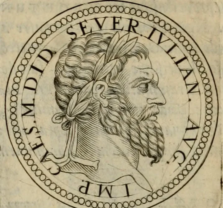 An illustration from De vita et moribus imperatorum Romanorum: excerpta ex libris Sexti Aurelii Victoris, à Caesare Augusto usque ad Theodosium imperatorem. Andreas Schottus compositis tribus M.SS. cum Vett. vulgatis emendabat; scholiis & veris iconibus ex antiquis numismatis delineatis illustrabat. Quibus accesserunt & Eliae Vineti notae, 1669, leaf 77
