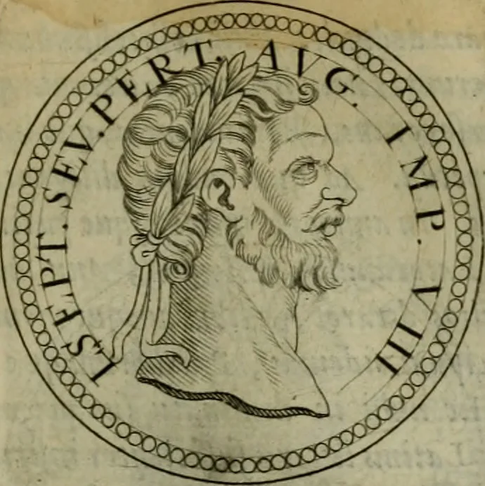 An illustration from De vita et moribus imperatorum Romanorum: excerpta ex libris Sexti Aurelii Victoris, à Caesare Augusto usque ad Theodosium imperatorem. Andreas Schottus compositis tribus M.SS. cum Vett. vulgatis emendabat; scholiis & veris iconibus ex antiquis numismatis delineatis illustrabat. Quibus accesserunt & Eliae Vineti notae, 1669, leaf 78