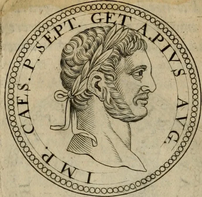 An illustration from De vita et moribus imperatorum Romanorum: excerpta ex libris Sexti Aurelii Victoris, à Caesare Augusto usque ad Theodosium imperatorem. Andreas Schottus compositis tribus M.SS. cum Vett. vulgatis emendabat; scholiis & veris iconibus ex antiquis numismatis delineatis illustrabat. Quibus accesserunt & Eliae Vineti notae, 1669, leaf 81