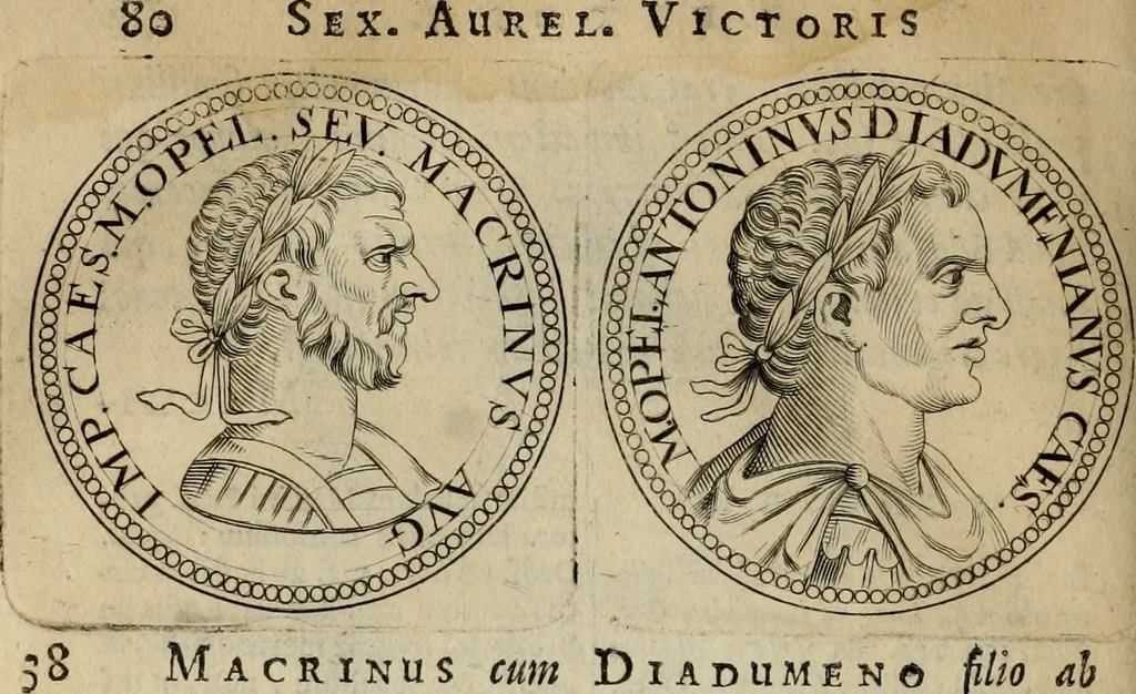 An illustration from De vita et moribus imperatorum Romanorum: excerpta ex libris Sexti Aurelii Victoris, à Caesare Augusto usque ad Theodosium imperatorem. Andreas Schottus compositis tribus M.SS. cum Vett. vulgatis emendabat; scholiis & veris iconibus ex antiquis numismatis delineatis illustrabat. Quibus accesserunt & Eliae Vineti notae, 1669, leaf 83