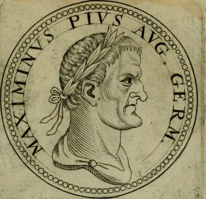 An illustration from De vita et moribus imperatorum Romanorum: excerpta ex libris Sexti Aurelii Victoris, à Caesare Augusto usque ad Theodosium imperatorem. Andreas Schottus compositis tribus M.SS. cum Vett. vulgatis emendabat; scholiis & veris iconibus ex antiquis numismatis delineatis illustrabat. Quibus accesserunt & Eliae Vineti notae, 1669, leaf 86