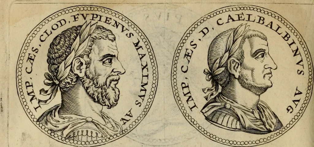 An illustration from De vita et moribus imperatorum Romanorum: excerpta ex libris Sexti Aurelii Victoris, à Caesare Augusto usque ad Theodosium imperatorem. Andreas Schottus compositis tribus M.SS. cum Vett. vulgatis emendabat; scholiis & veris iconibus ex antiquis numismatis delineatis illustrabat. Quibus accesserunt & Eliae Vineti notae, 1669, leaf 87