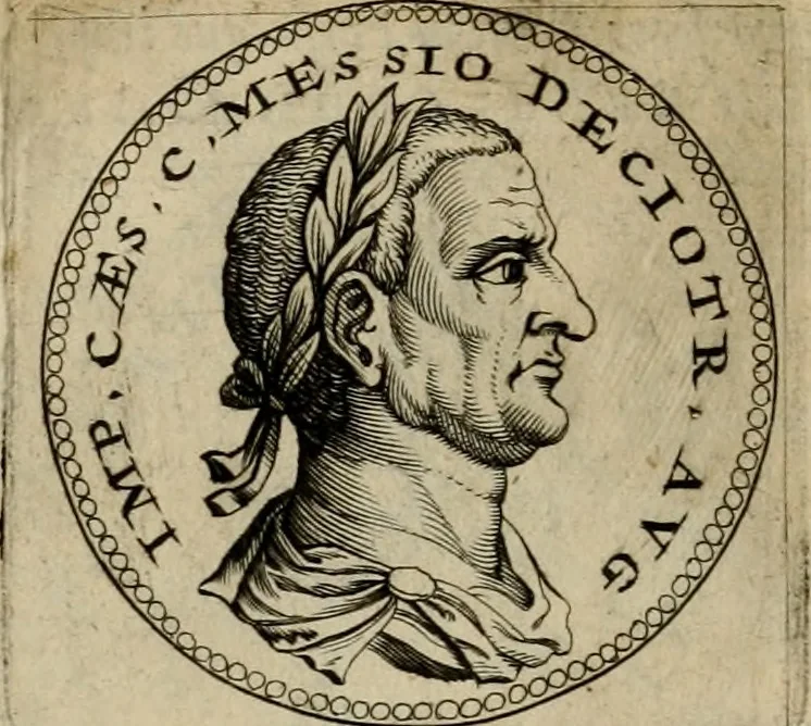 An illustration from De vita et moribus imperatorum Romanorum: excerpta ex libris Sexti Aurelii Victoris, à Caesare Augusto usque ad Theodosium imperatorem. Andreas Schottus compositis tribus M.SS. cum Vett. vulgatis emendabat; scholiis & veris iconibus ex antiquis numismatis delineatis illustrabat. Quibus accesserunt & Eliae Vineti notae, 1669, leaf 89