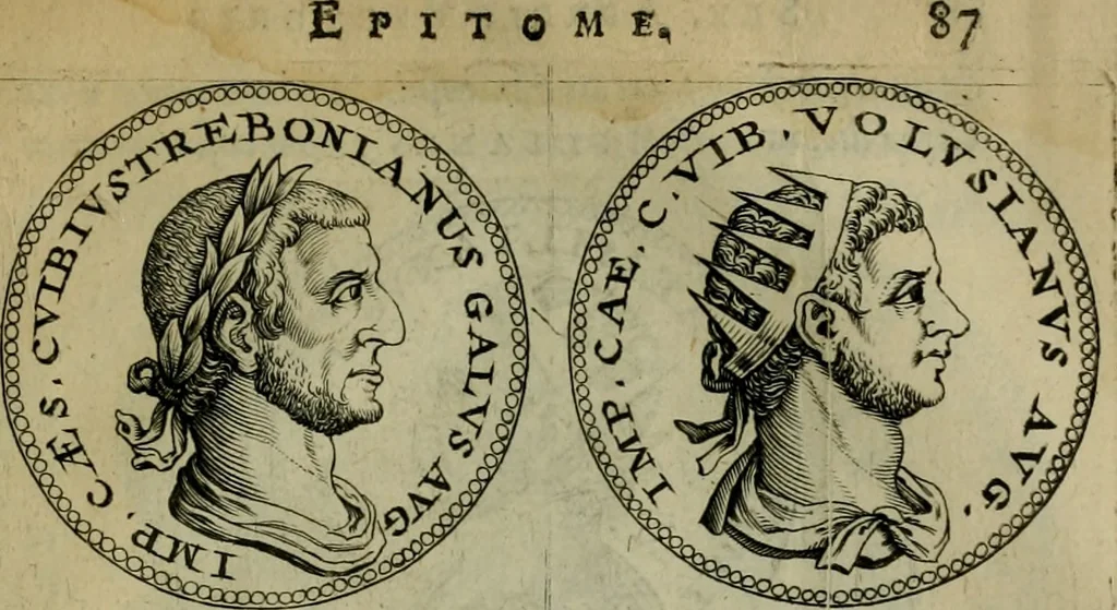 An illustration from De vita et moribus imperatorum Romanorum: excerpta ex libris Sexti Aurelii Victoris, à Caesare Augusto usque ad Theodosium imperatorem. Andreas Schottus compositis tribus M.SS. cum Vett. vulgatis emendabat; scholiis & veris iconibus ex antiquis numismatis delineatis illustrabat. Quibus accesserunt & Eliae Vineti notae, 1669, leaf 90