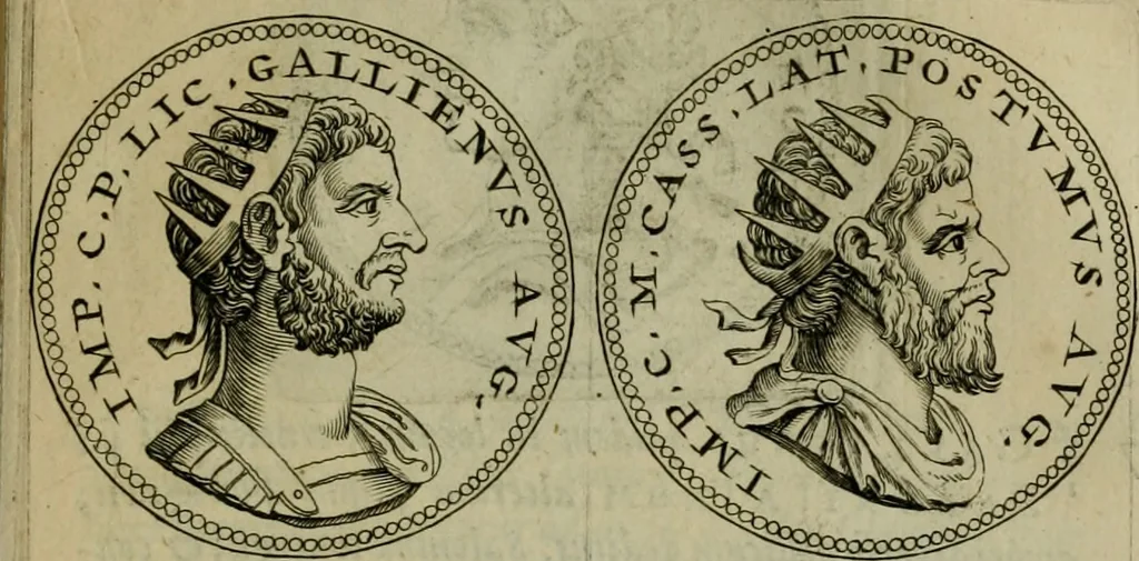 An illustration from De vita et moribus imperatorum Romanorum: excerpta ex libris Sexti Aurelii Victoris, à Caesare Augusto usque ad Theodosium imperatorem. Andreas Schottus compositis tribus M.SS. cum Vett. vulgatis emendabat; scholiis & veris iconibus ex antiquis numismatis delineatis illustrabat. Quibus accesserunt & Eliae Vineti notae, 1669, leaf 92