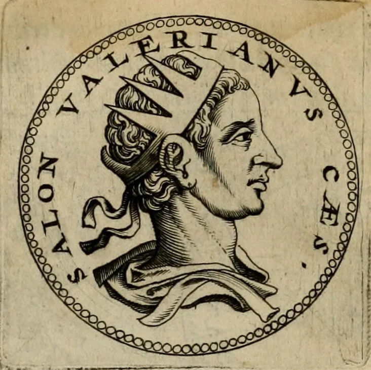 An illustration from De vita et moribus imperatorum Romanorum: excerpta ex libris Sexti Aurelii Victoris, à Caesare Augusto usque ad Theodosium imperatorem. Andreas Schottus compositis tribus M.SS. cum Vett. vulgatis emendabat; scholiis & veris iconibus ex antiquis numismatis delineatis illustrabat. Quibus accesserunt & Eliae Vineti notae, 1669, leaf 93